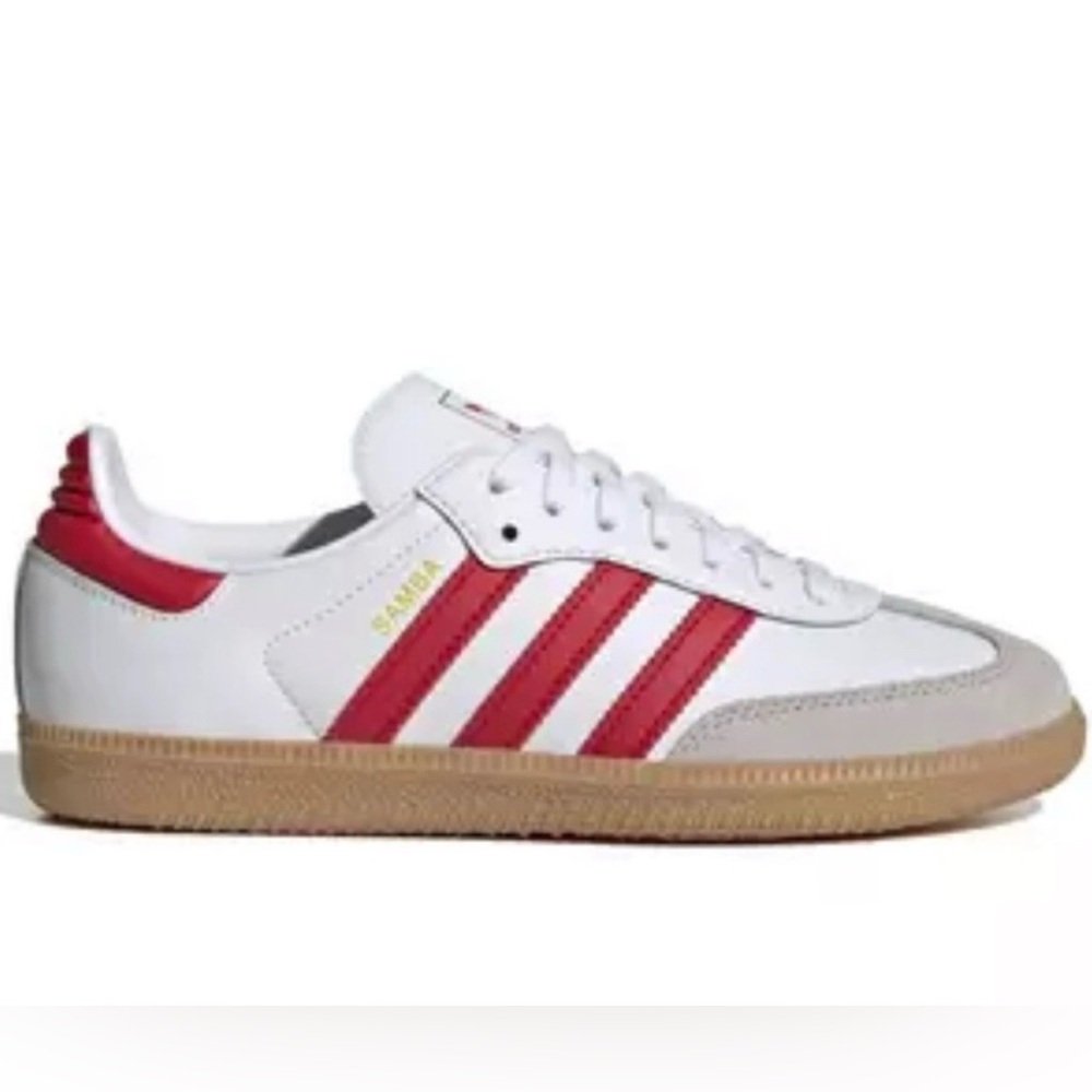 Adidas Women's Red and White Sneakers with Gum Sole